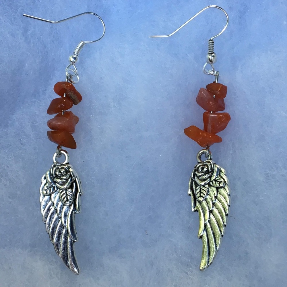 Red Fire Agate Silver Angel Wing Dangle Earrings - Picture 8 of 8